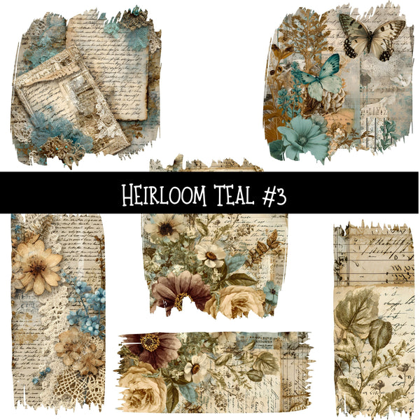 Heirloom Teal Torn Pages UV DTF Decal sheets 6 Designs available