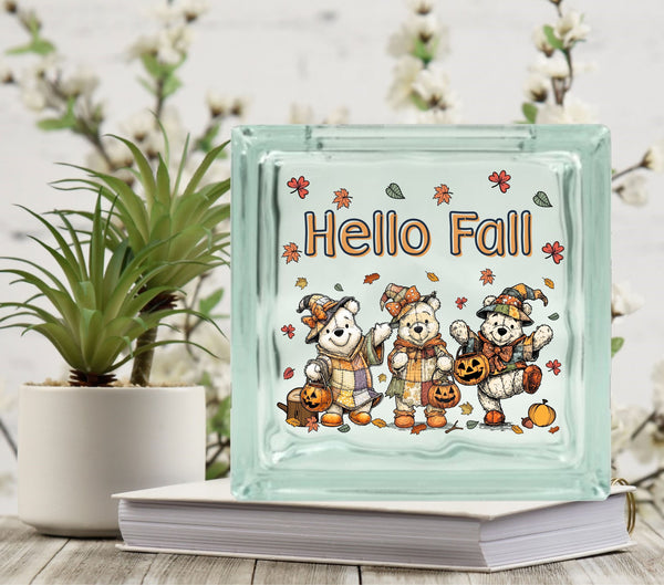 Hello Fall Pooh Glass Block Decal