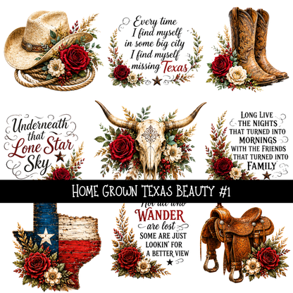 Home Grown Texas Beauty - UV DTF Decal sheet 3 variants