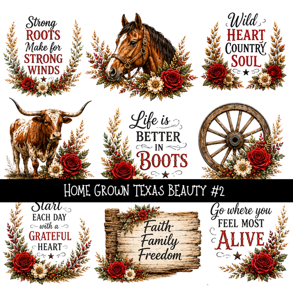 Home Grown Texas Beauty - UV DTF Decal sheet 3 variants