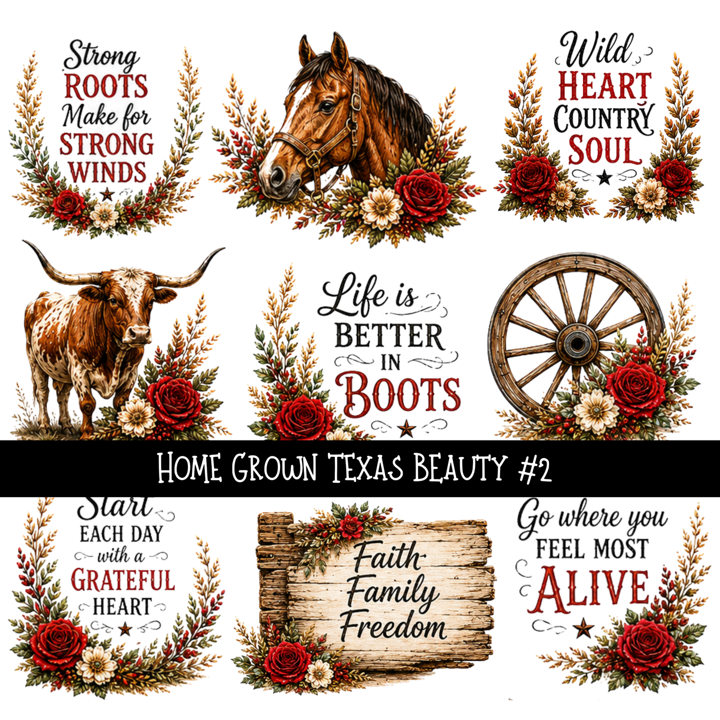 Home Grown Texas Beauty - UV DTF Decal sheet 3 variants