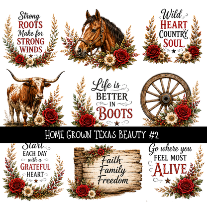 Home Grown Texas Beauty - UV DTF Decal sheet 3 variants