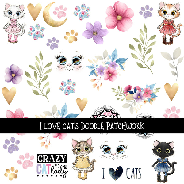 I love cats Doodle Patchwork Set