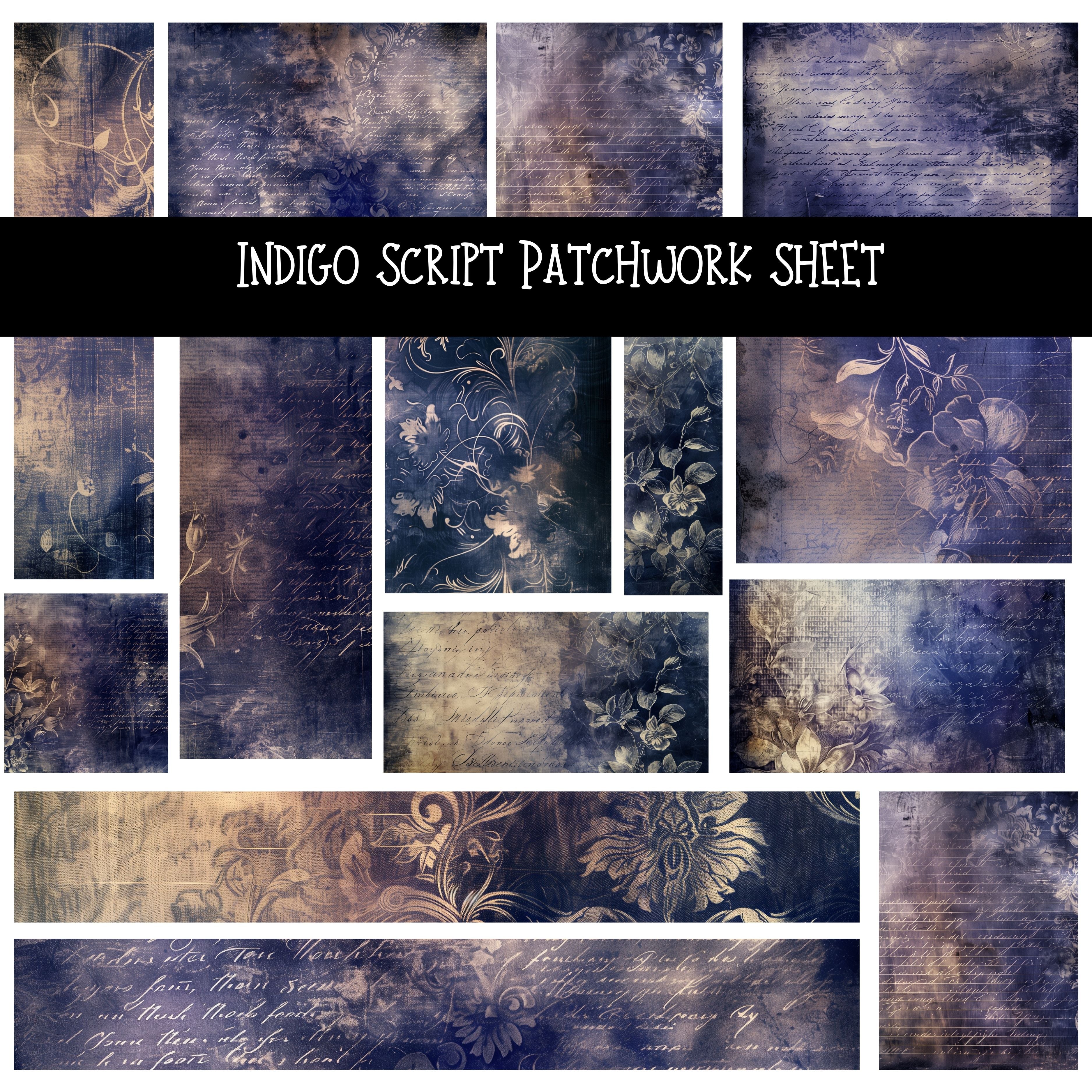 Indigo Script Patchwork precut vinyl sheet available in 12x12 or 6x6 s ...