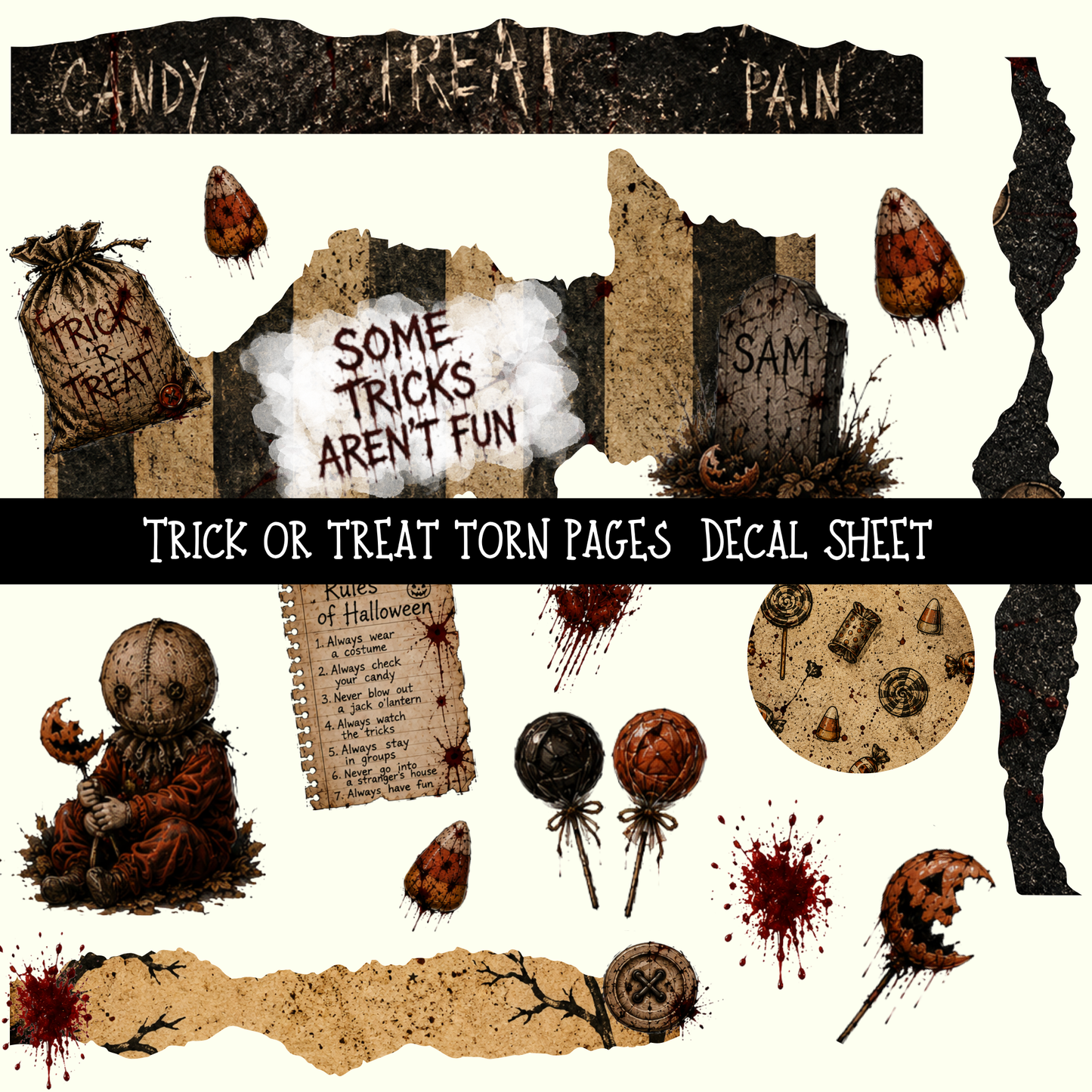 Trick or Treat Torn Pages - UV DTF Decal sheet