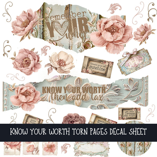 Know your worth Shabby Chic Torn pages UV DTF Decal sheets