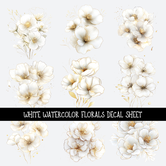 watercolor white Flowers UV DTF Decal sheets