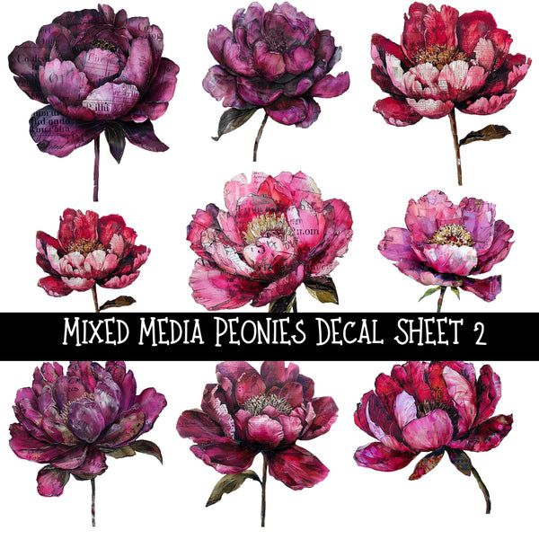 Mixed Media Peonies UV DTF Decal sheets 2 to choose from