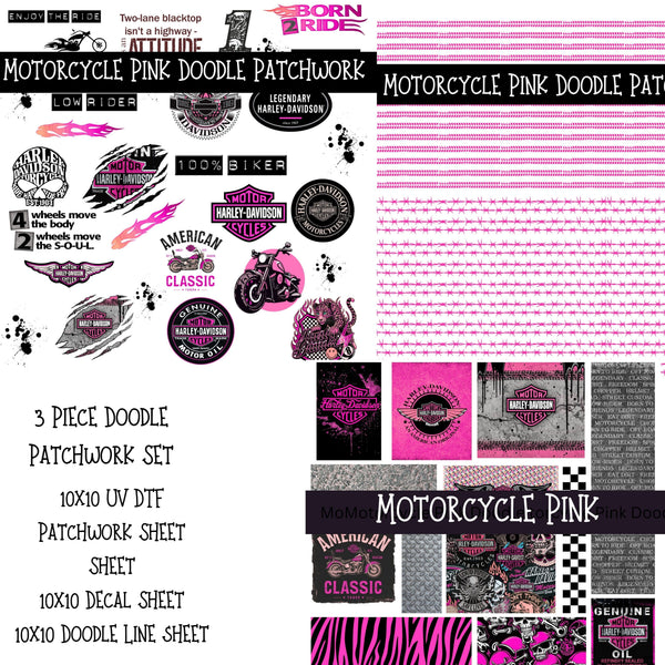 Motorcycle Pink UV DTF Doodle Patchwork Set