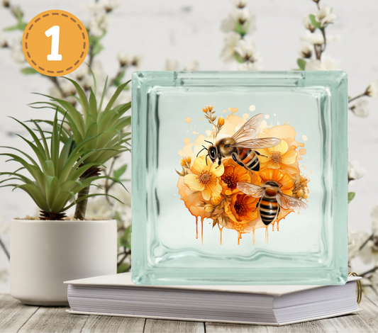 Watercolor Bees - UV DTF Glass Block Decal - 6.5 inches
