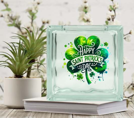 Watercolor Happy St Patrick's Day - UV DTF Glass Block Decal - 6.5 inches
