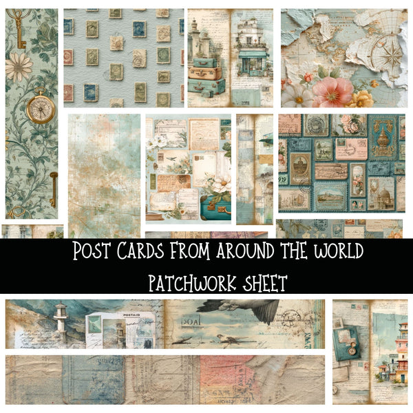 Post Cards from around the world Patchwork precut vinyl sheet available in 12x12 or 6x6 sizes
