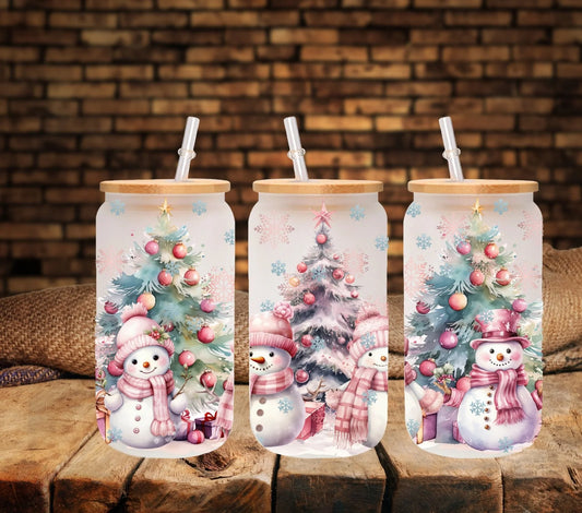 Pink Snowman 16oz UV DTF Libbey Wrap