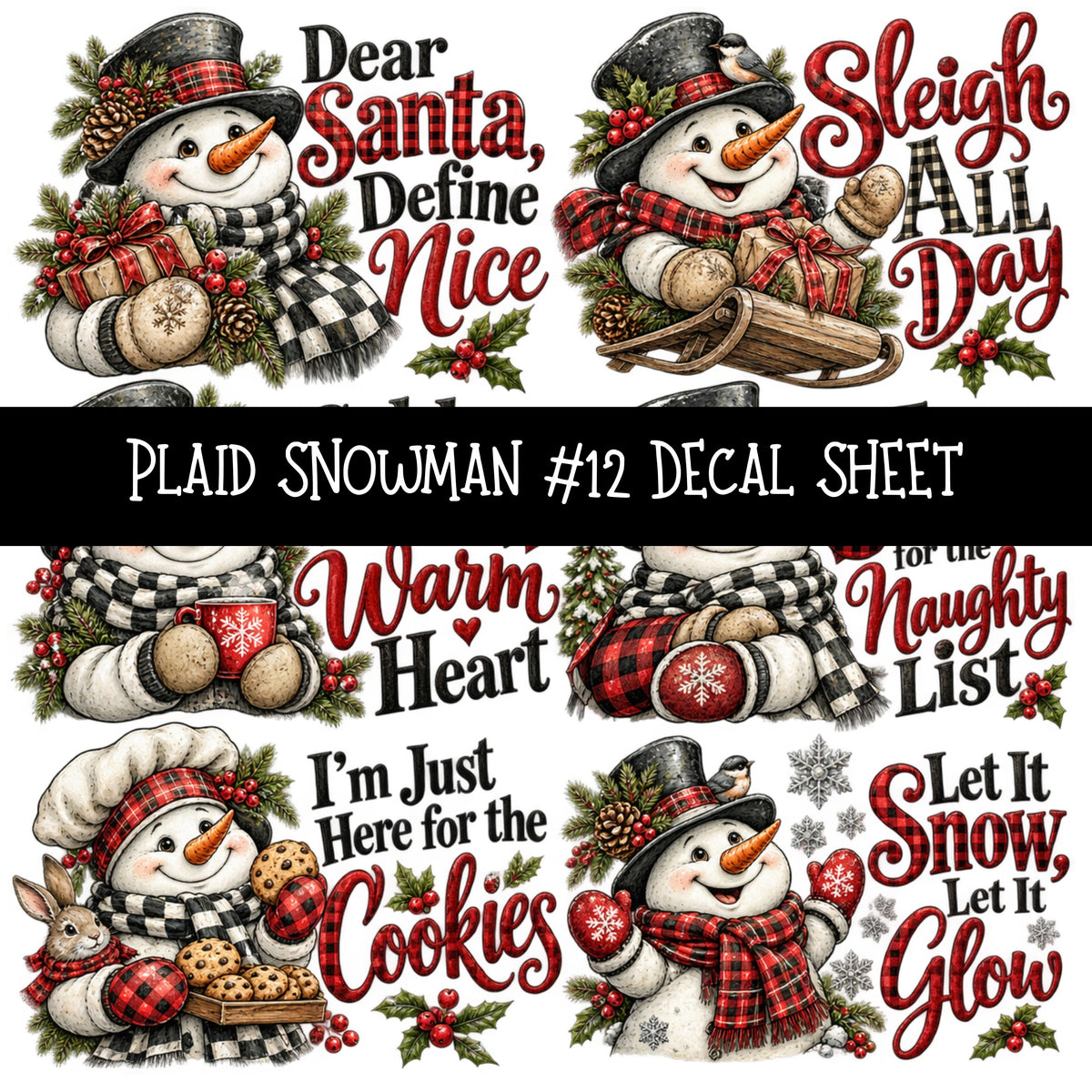 Plaid Snowmen UV DTF Decal sheets 12 Designs available