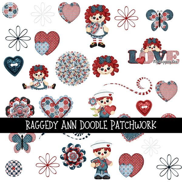 Raggedy Ann UV DTF Doodle Patchwork Set