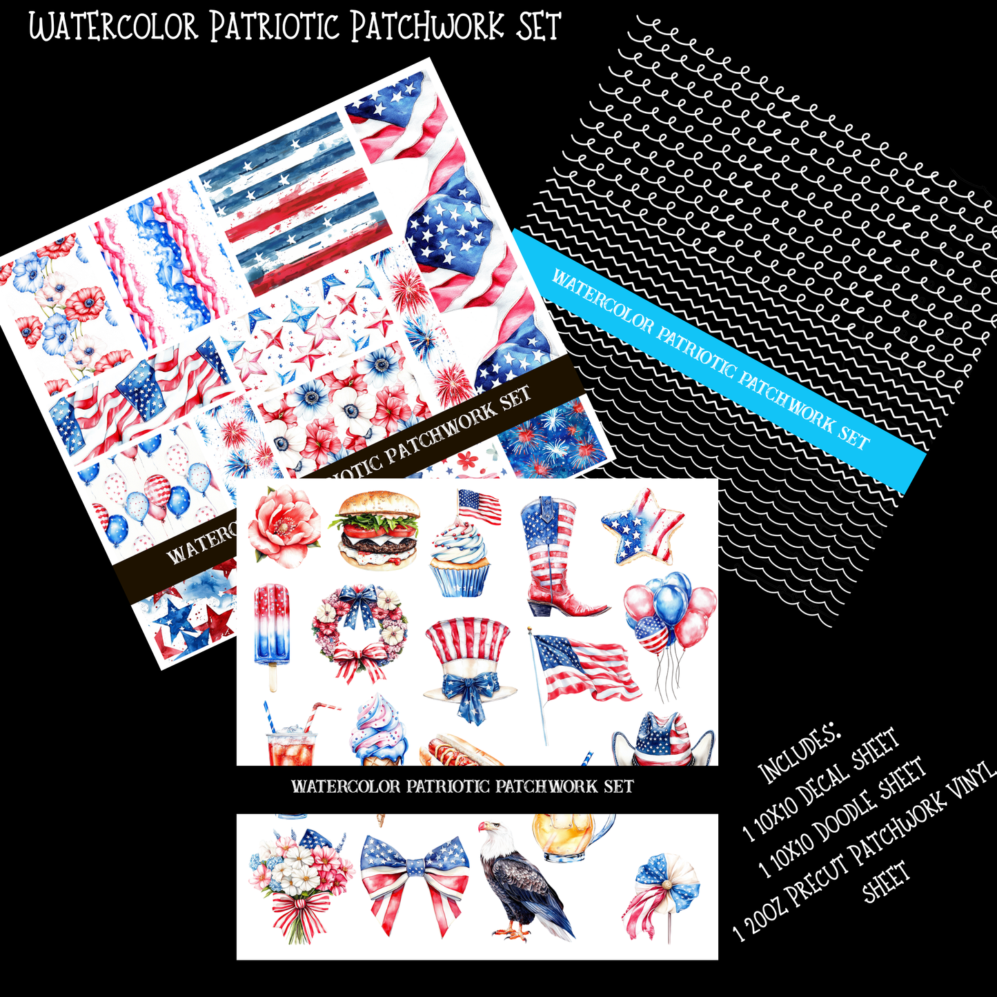 Watercolor Patriotic Doodle Patchwork Set