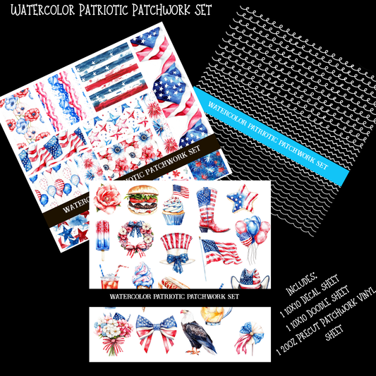 Watercolor Patriotic Doodle Patchwork Set