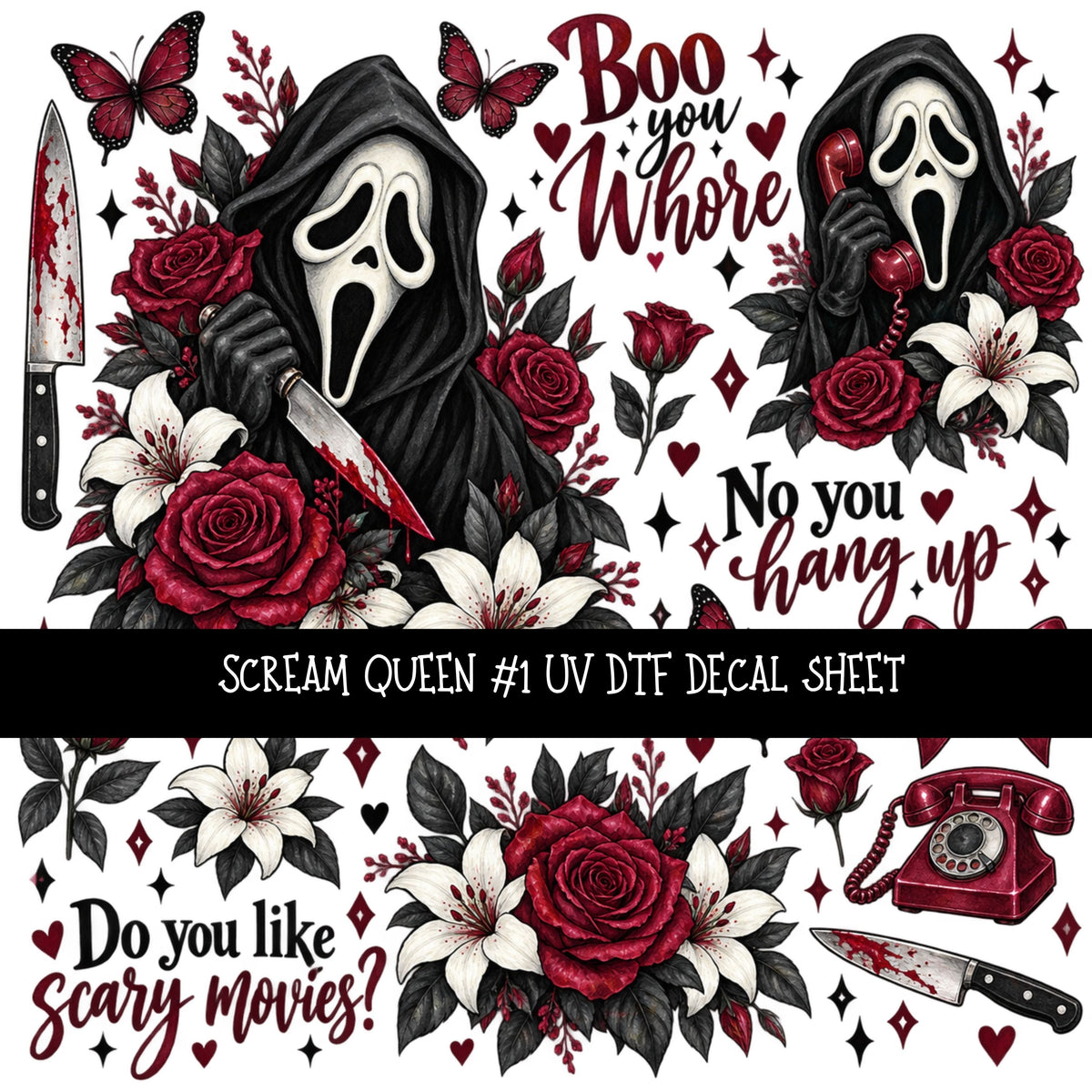 Scream Queen UV DTF Decal sheets 3 Designs available