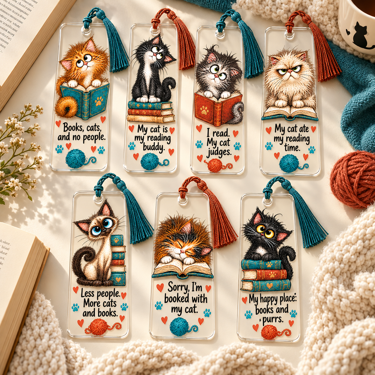 Quirky Cats Bookmark UV DTF Decal sheet- set of 7 Designs