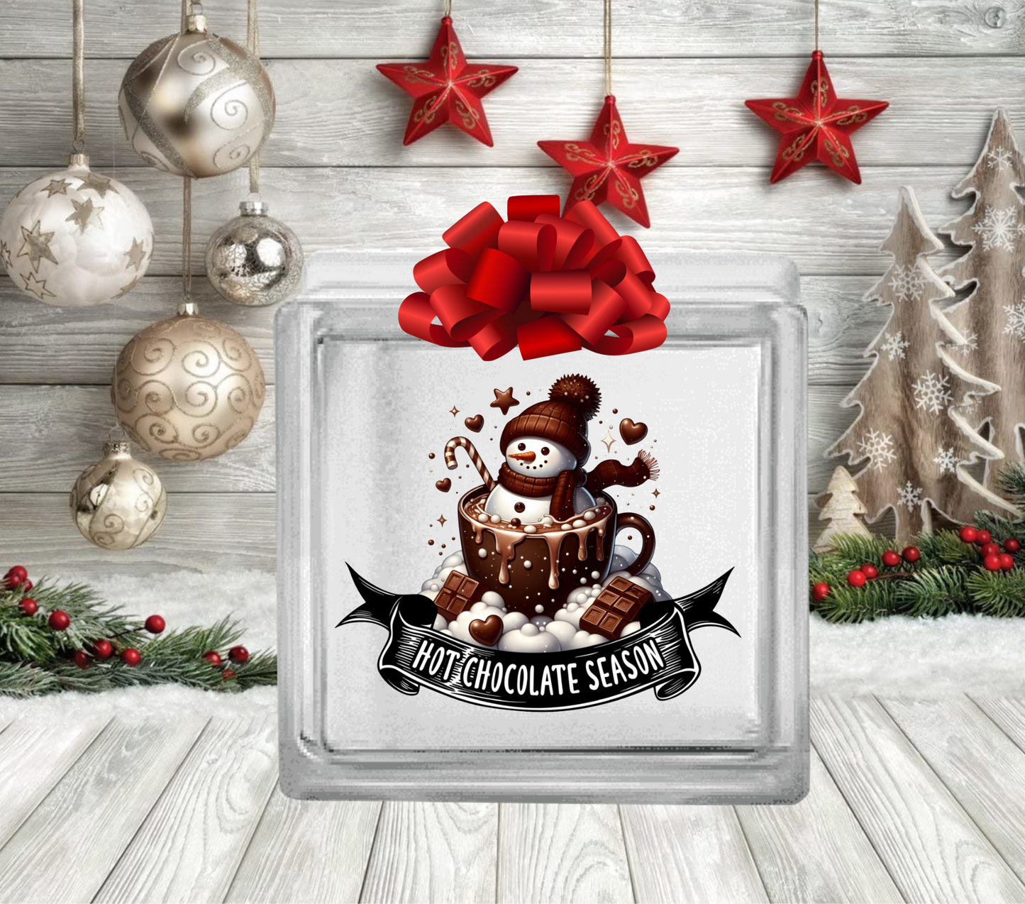 Hot Chocolate Season Snowman - UV DTF Glass Block Decal - 6.5 inches