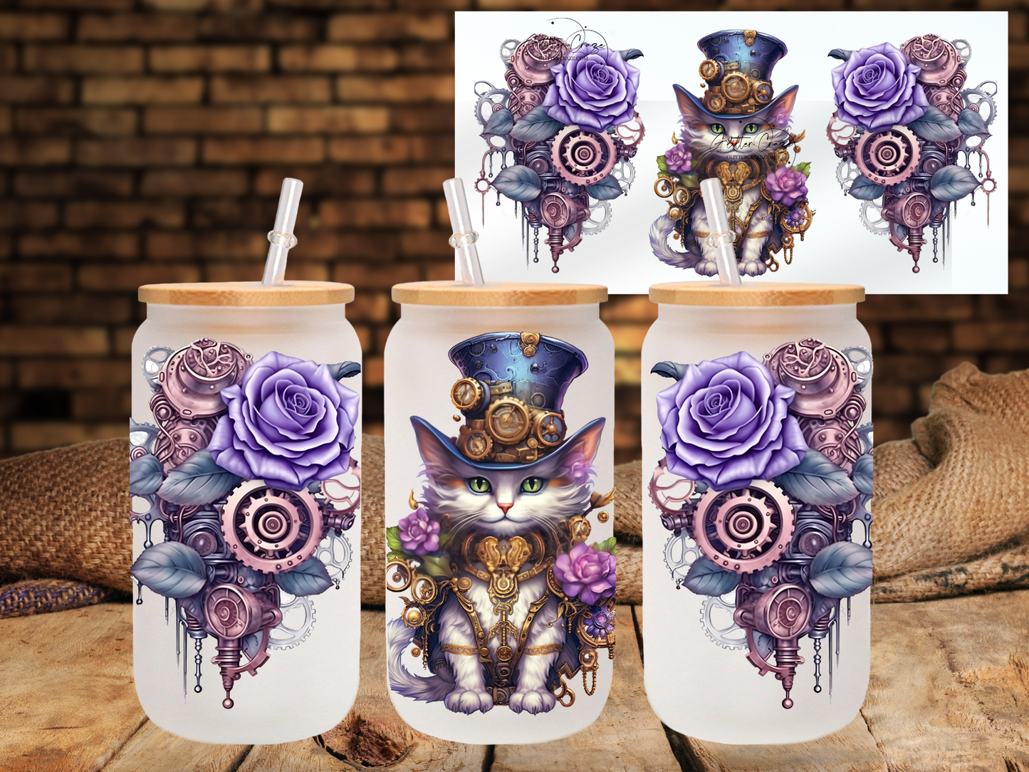 Steampunk Cat - UV DTF 16oz Libbey wrap