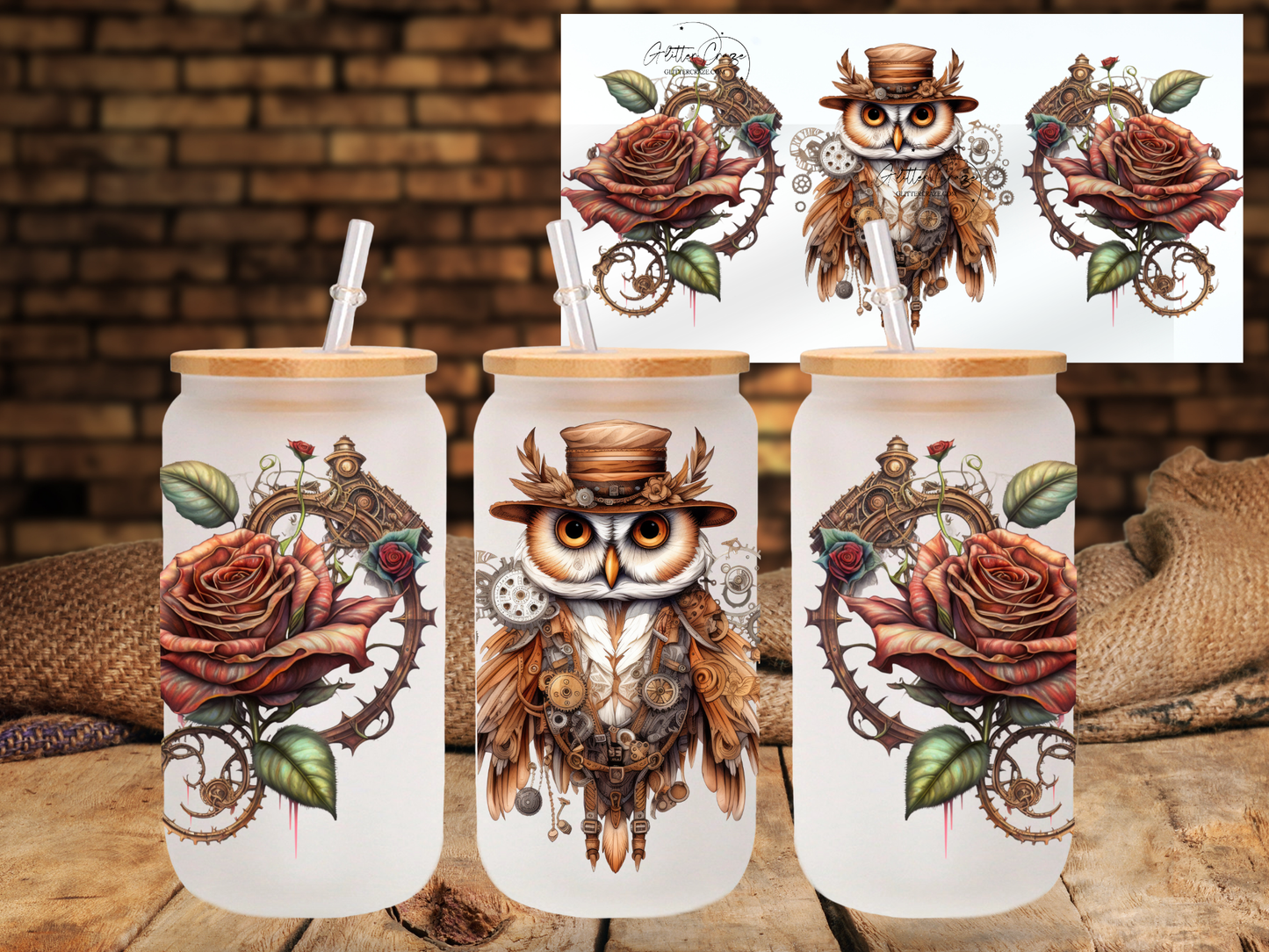 Steampunk Owl 16oz UV DTF Libbey wrap