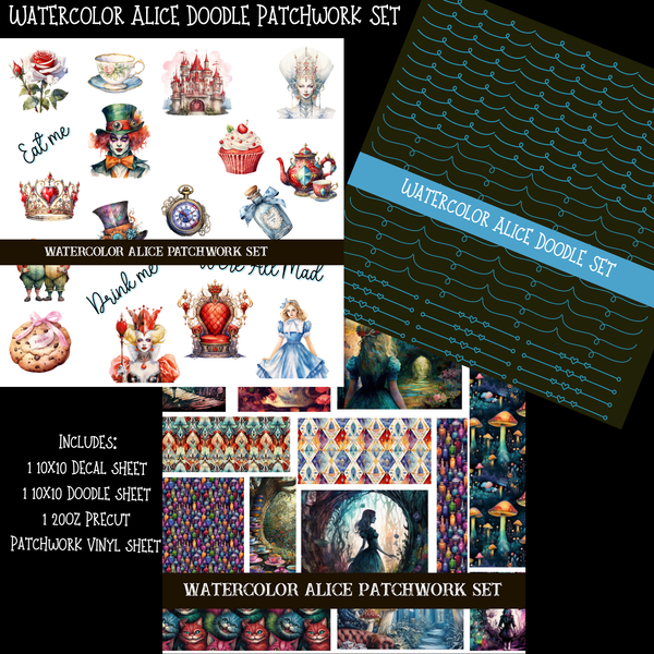 Watercolor Alice Doodle Patchwork Set