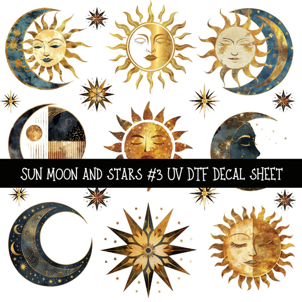 Sun Moon and Stars  UV DTF Decal sheets 3 Design Options
