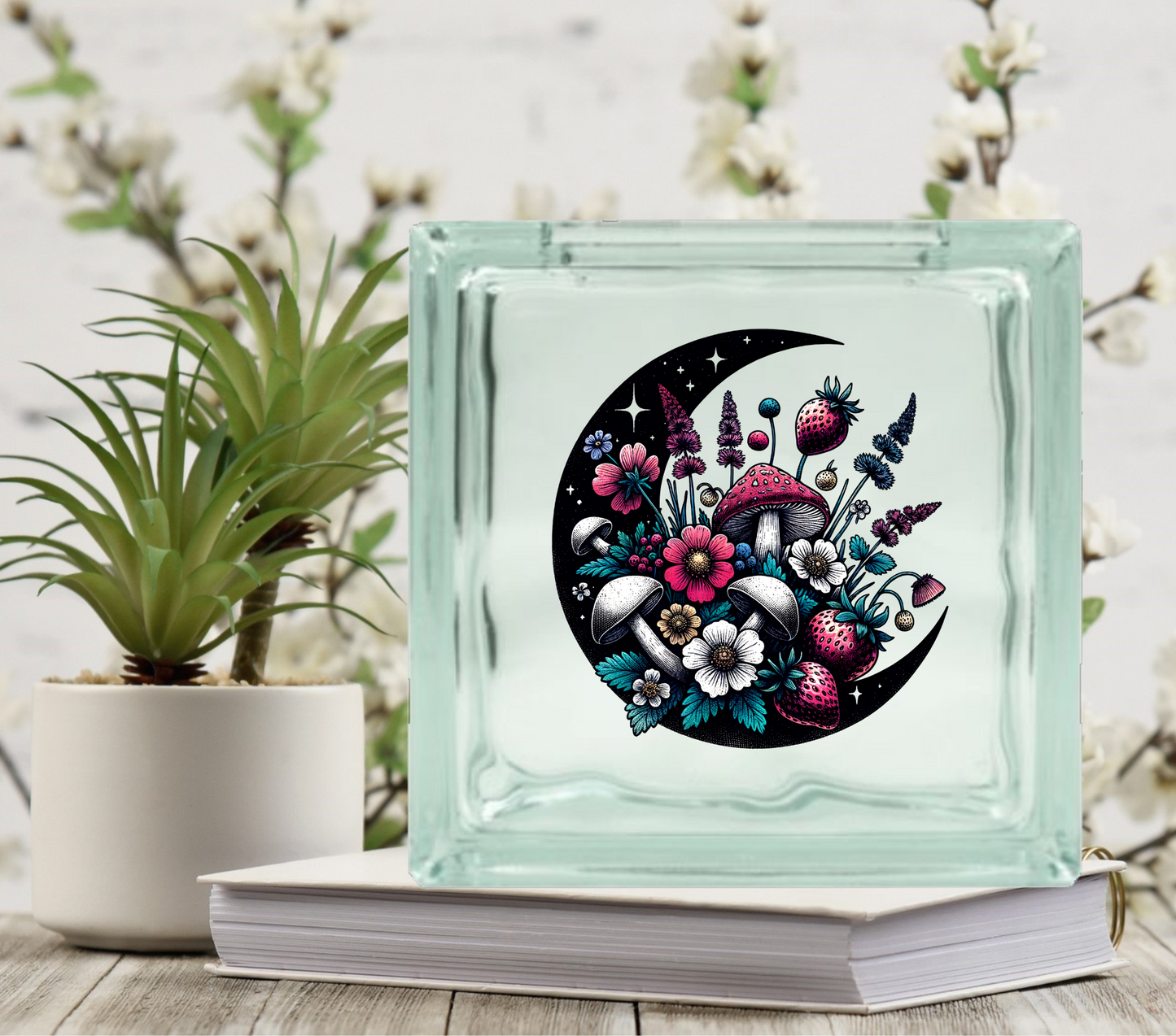 Moon Mushrooms - UV DTF Glass Block Decal - 6.5 inches
