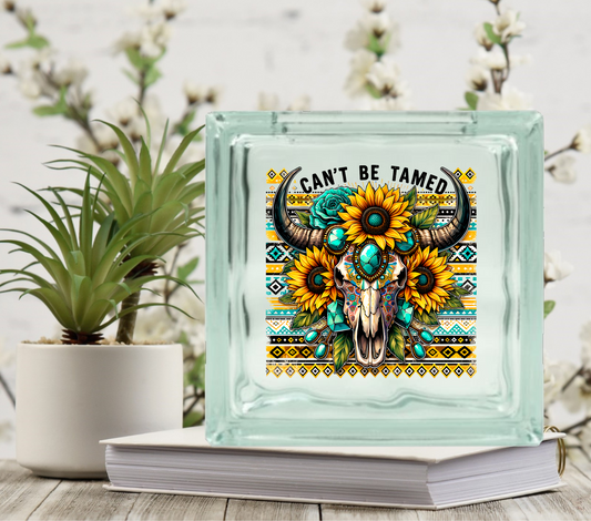 Can't be Tamed Sunflower Bull Skull - UV DTF Glass Block Decal - 6.5 inches