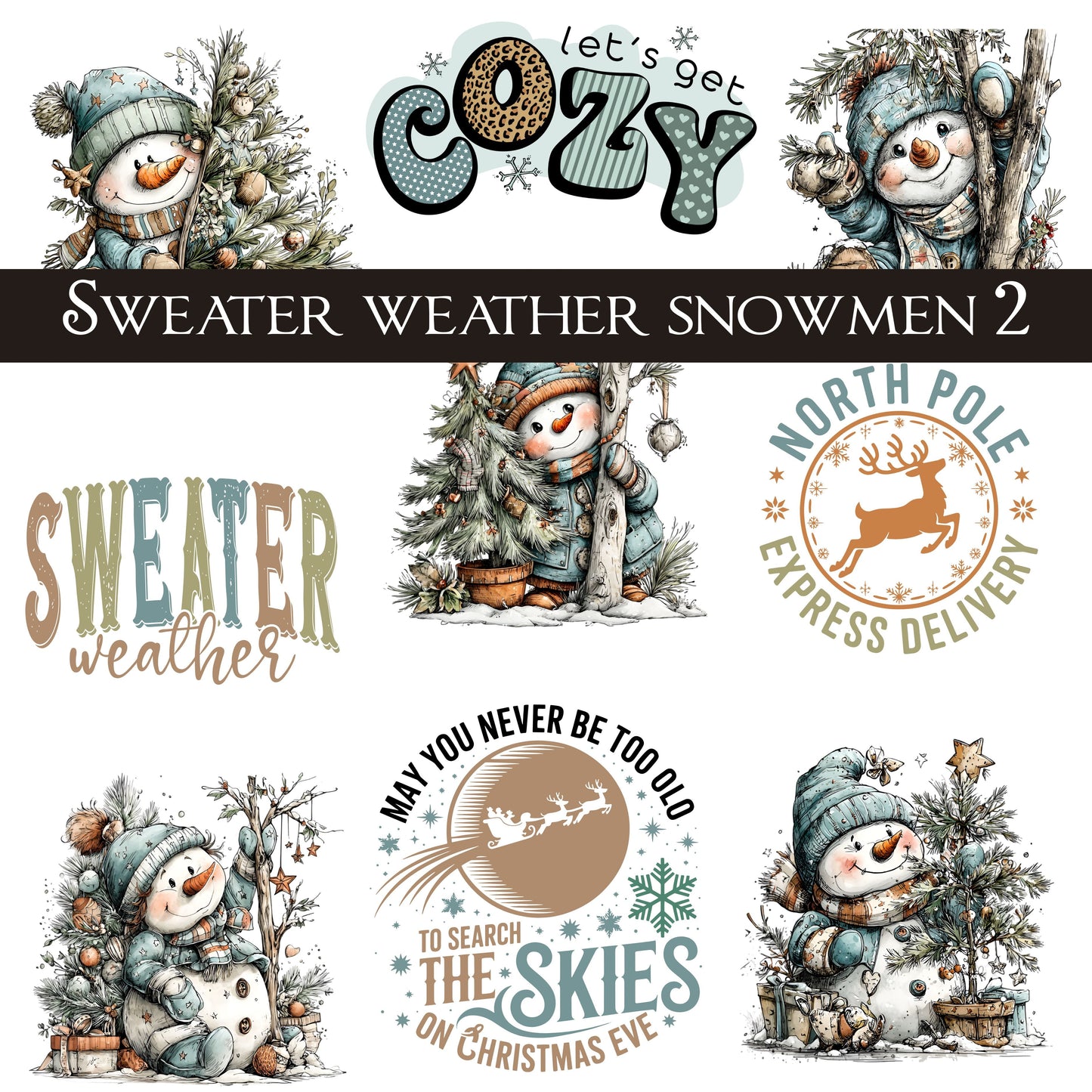 Sweater weather snowmen UV DTF Decal Sheets 5 design options