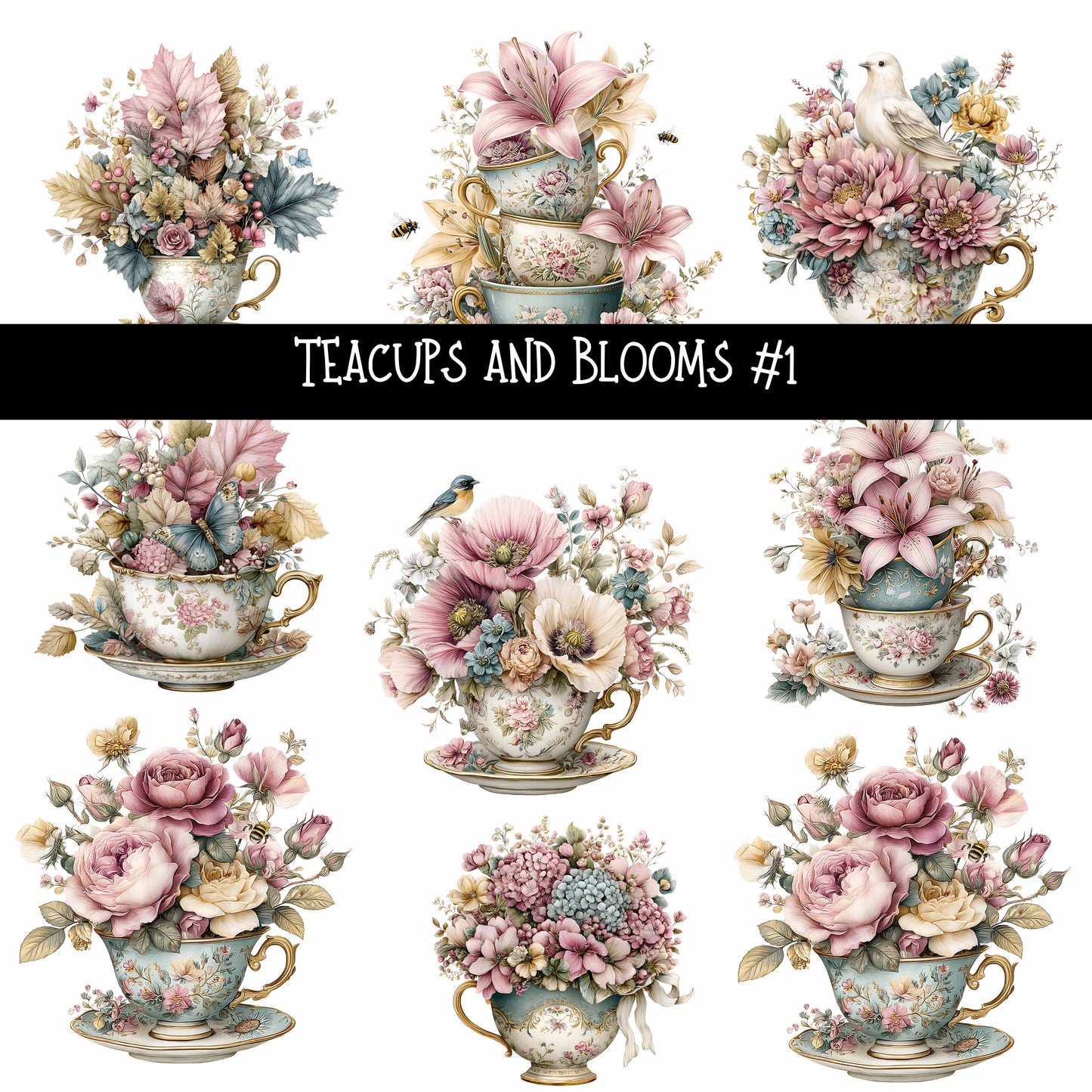 Teacups and Blooms UV DTF Decal sheets 2 design Options available