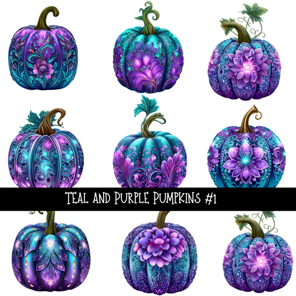 Teal and purple pumpkins - UV DTF Decal sheet 2 varriants