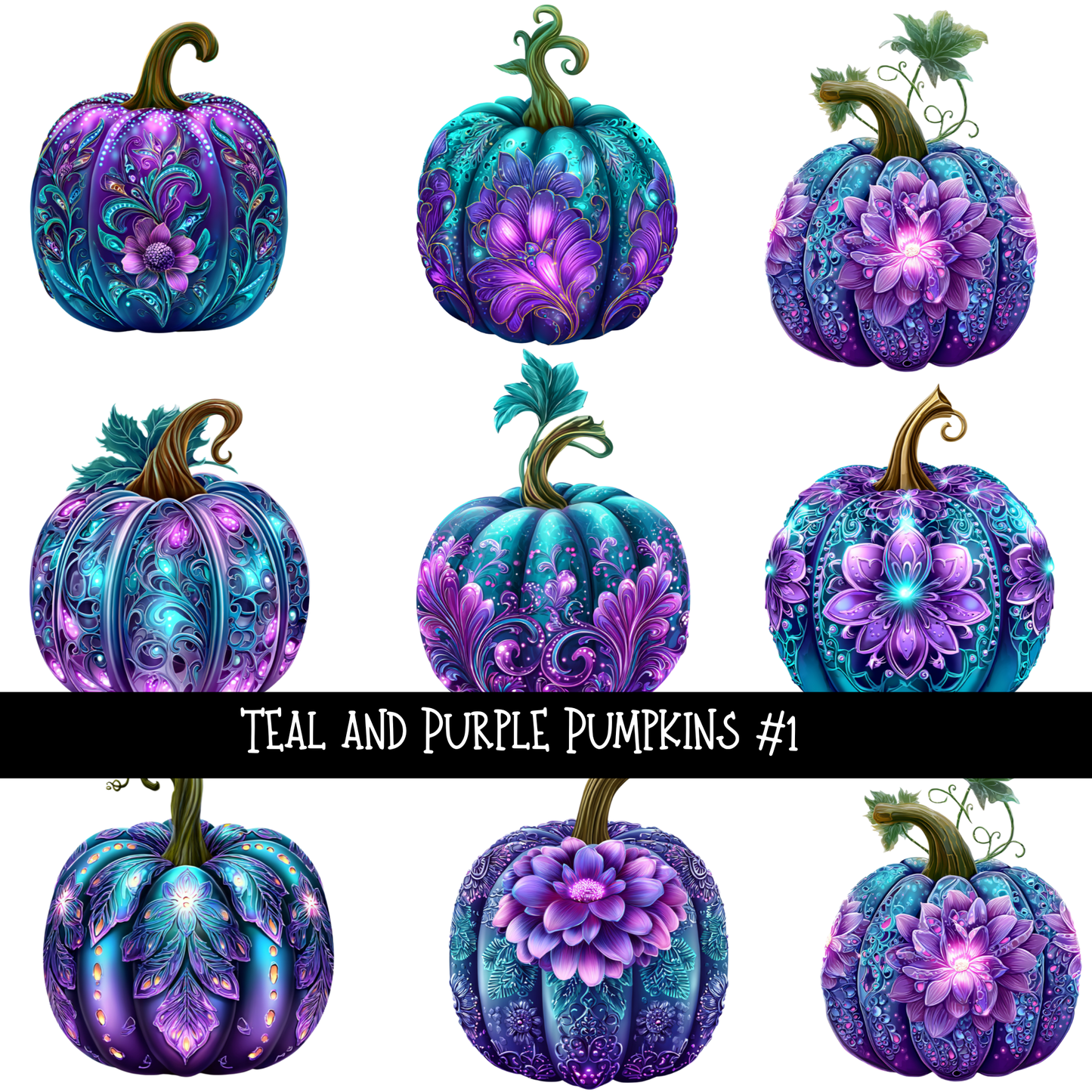 Teal and purple pumpkins - UV DTF Decal sheet 2 varriants