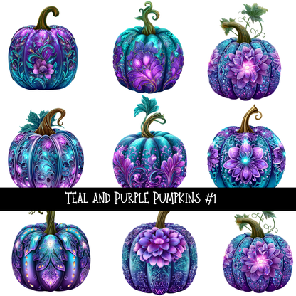Teal and purple pumpkins - UV DTF Decal sheet 2 varriants