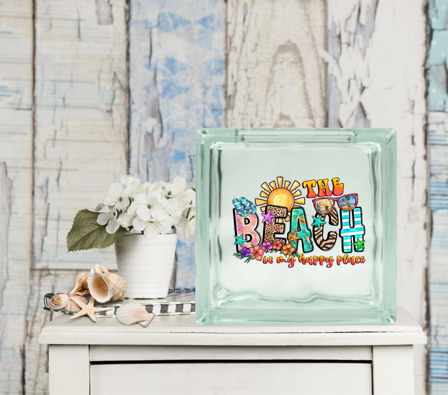 The beach is my Happy Place - UV DTF Glass Block Decal - 6.5 inches