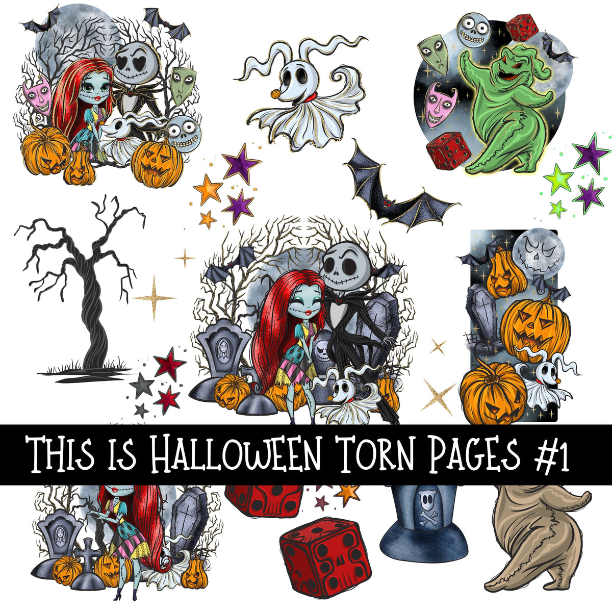 This is Halloween Torn Pages UV DTF Decal sheets 6 Designs available