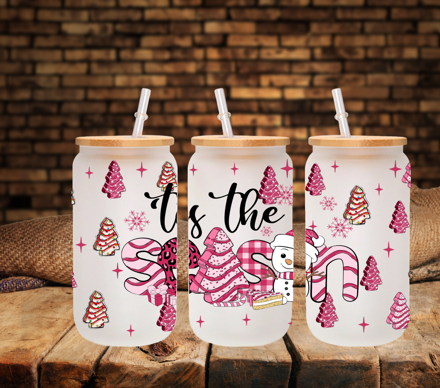 Tis the Season Pink Trees 16oz UV DTF Libbey Wrap