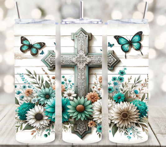 Teal Flower Cross - Adhesive Vinyl Wrap