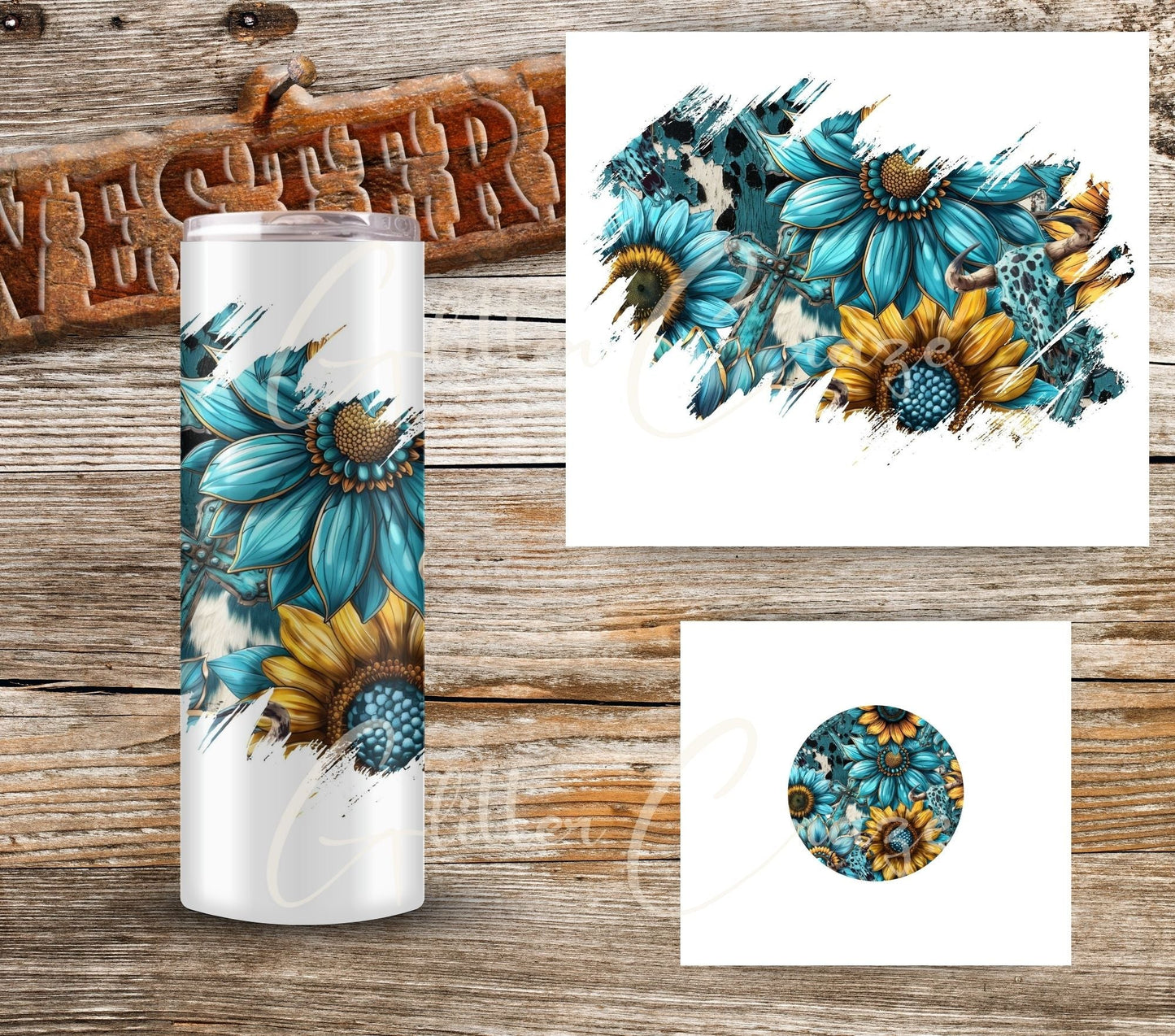 Turquoise and Sunflowers - UV DTF Patches and Tumbler butt decal- 5 options