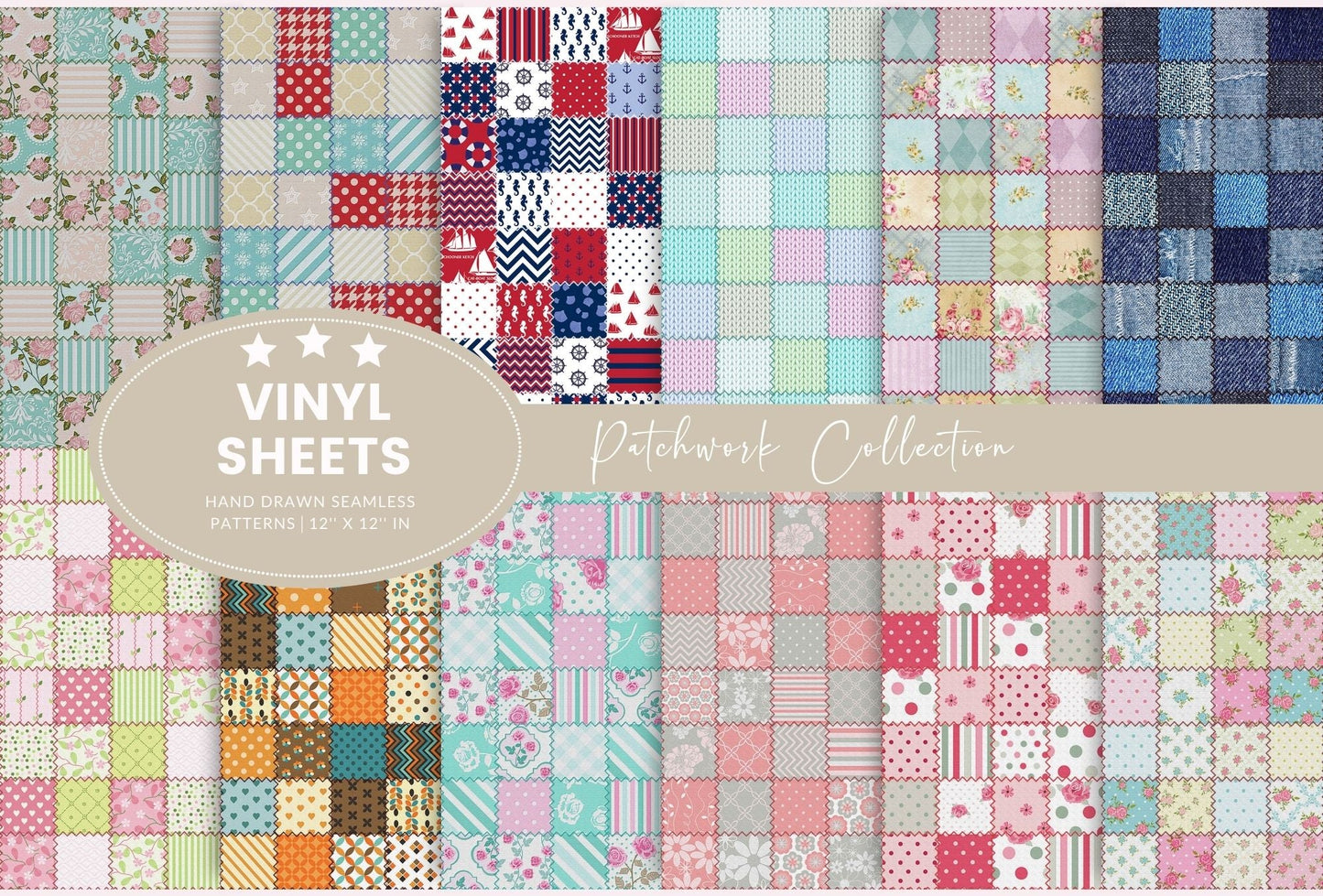 Patchwork Collection - Adhesive Vinyl 12x12 Sheets- 12 Patterns Available