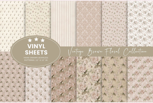 Vintage Brown Floral Collection - Adhesive Vinyl 12x12 Sheet - 12 Designs available