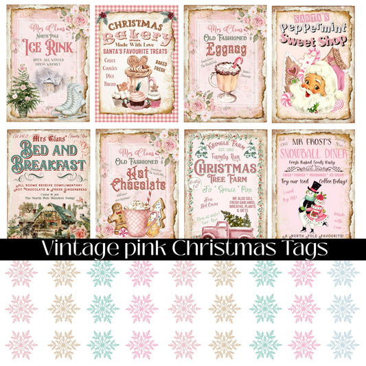 Vintage Pink Christmas Tags UV DTF Decal Sheet