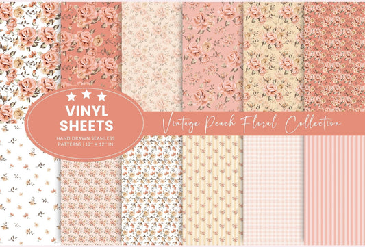 Vintage Peach Floral Collection - Adhesive Vinyl 12x12 Sheet - 12 Designs available