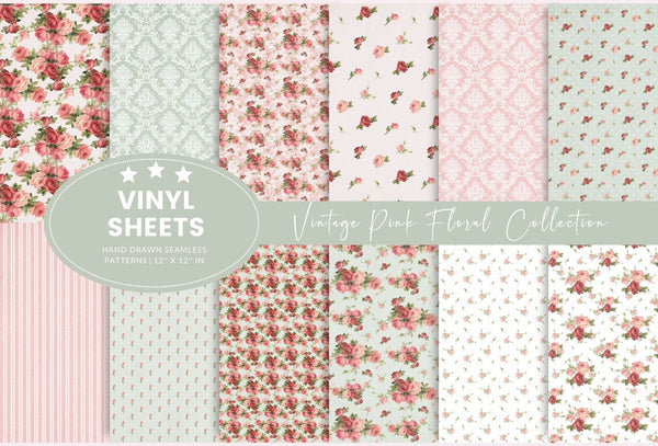 Vintage Pink Floral Collection - Adhesive Vinyl 12x12 Sheet - 12 Designs
