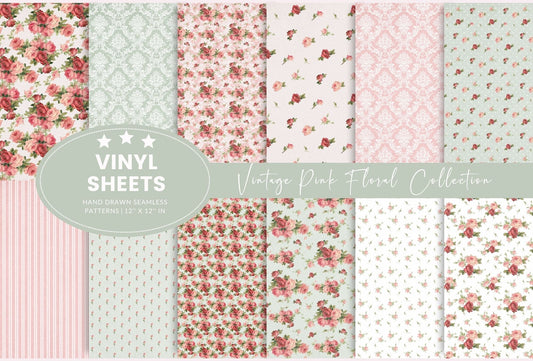 Vintage Pink Floral Collection - Adhesive Vinyl 12x12 Sheet - 12 Designs