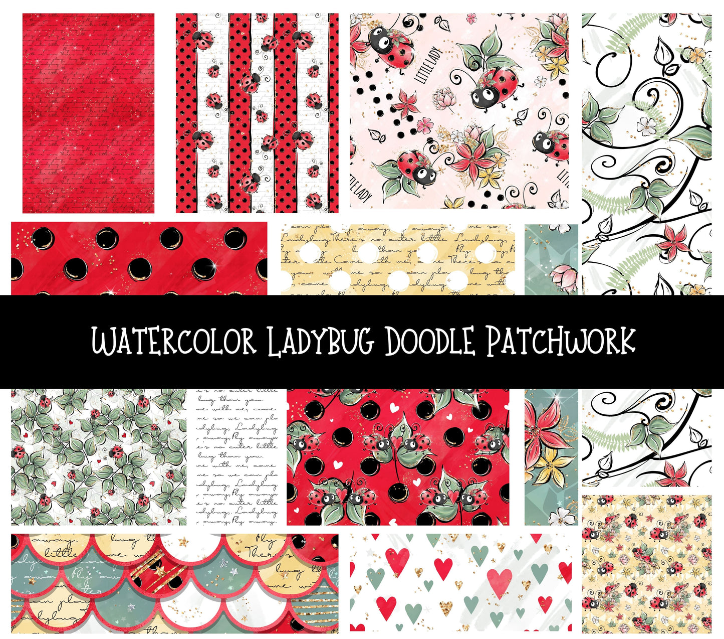 Watercolor Ladybug Doodle Patchwork Set