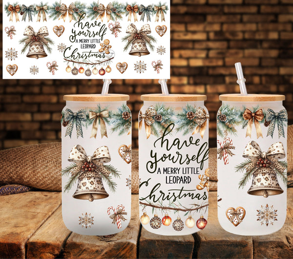 Have yourself a Merry little Leopard Christmas UV DTF Libbey wrap