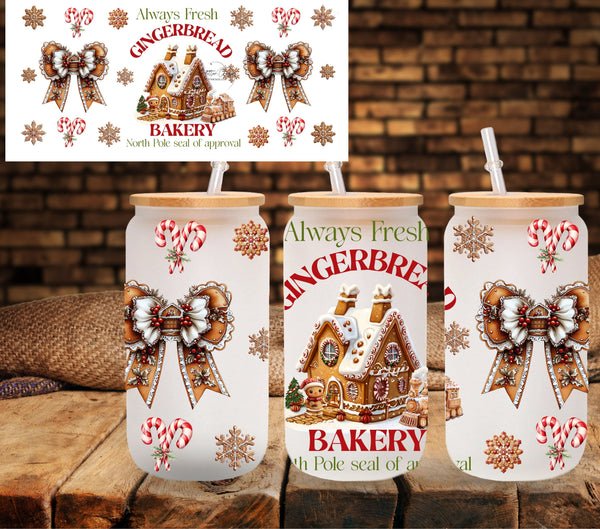 Gingerbread Bakery with Bows UV DTF Libbey wrap