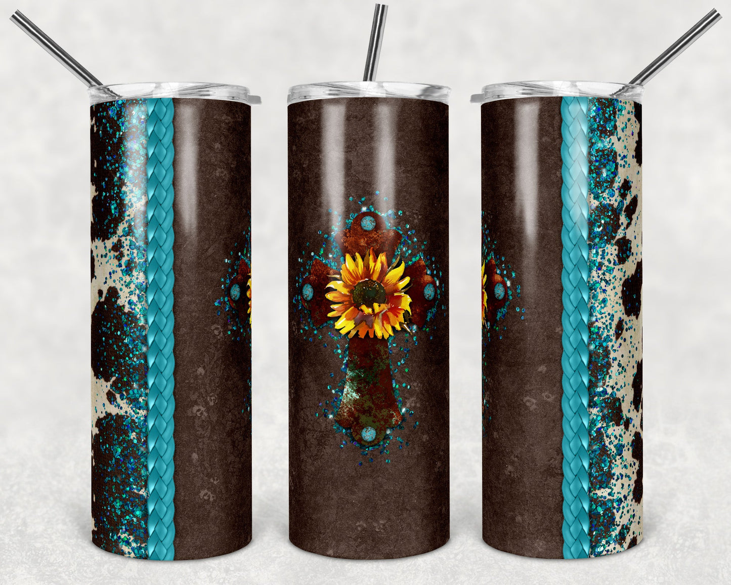 Western Glitter Patina Turquoise Sunflower Cross - Adhesive Vinyl Wrap